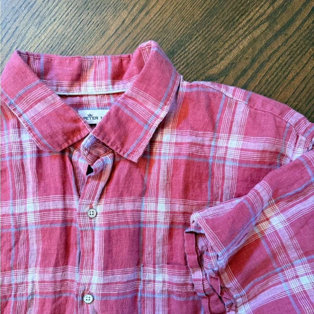 Peter Millar Seaside Men’s shirt sleeve Red linen Plaid shirt. Suze CL
